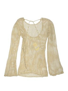 Bananhot - Crochet Open-Knit Beige Long-Sleeve Coverup Dress XS - Rey Knitted